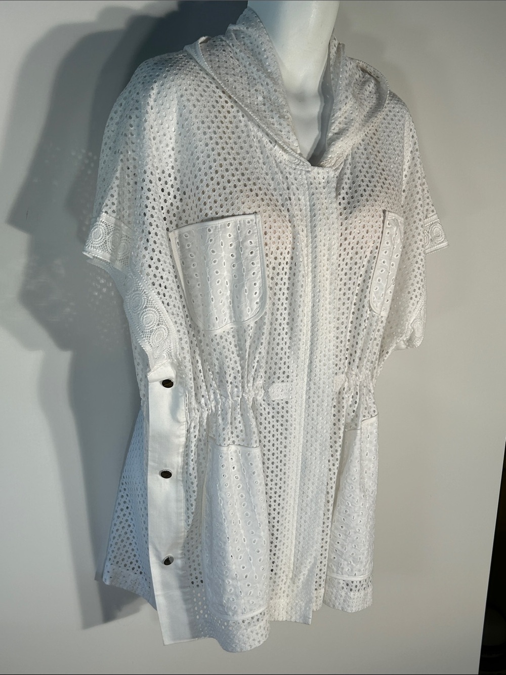 Chico's SZ XL White Mesh Cover-Up Hoodie Swim Pool Cruise Resort Vacation Beach